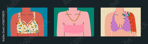 Female bust in a bra. Part of the female body in underwear. Set of trend illustrations.