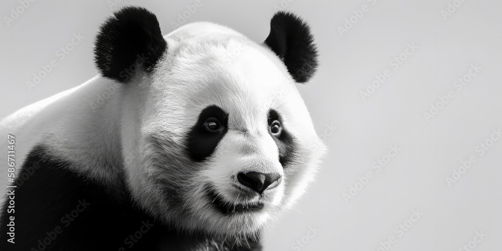 Naklejka premium Black and white close up portrait of a panda facing the camera on light background, Generative AI