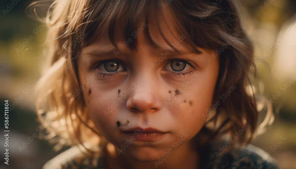 Generative AI, AI image of a little girl with very sad eyes and dirty face. Child abuse Generative AI, AI image of a little girl with very sad eyes and dirty face. Child abuse