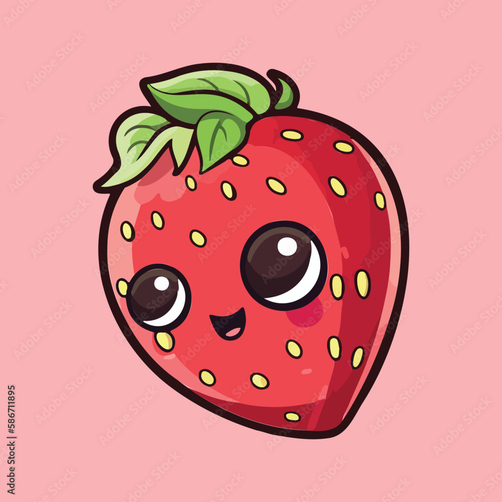 Obraz premium Kawaii Strawberry Art, Adorable Fruit Character Design