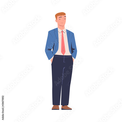 Businessman in formal clothes standing with hands in his pockets cartoon vector illustration