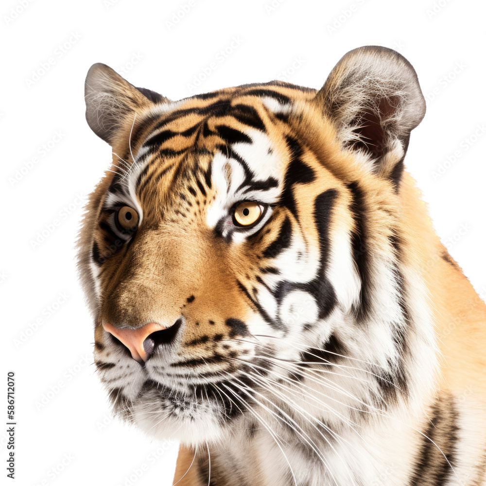 Obraz premium an isolated Bengal tiger side view portrait, majestic face, stalking prey, fierce jungle-themed watercolor painting illustration on a transparent background in PNG. Generative AI
