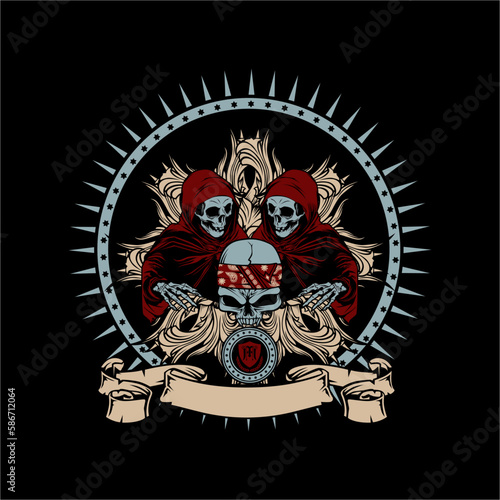 A black background with two skulls and a skull with a mask on it.good for t-shirt or etc