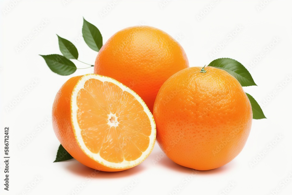 Group of slices, whole of fresh orange fruits isolated on white background, Generative AI. Group of slices, whole of fresh orange fruits isolated on white background, Generative AI.