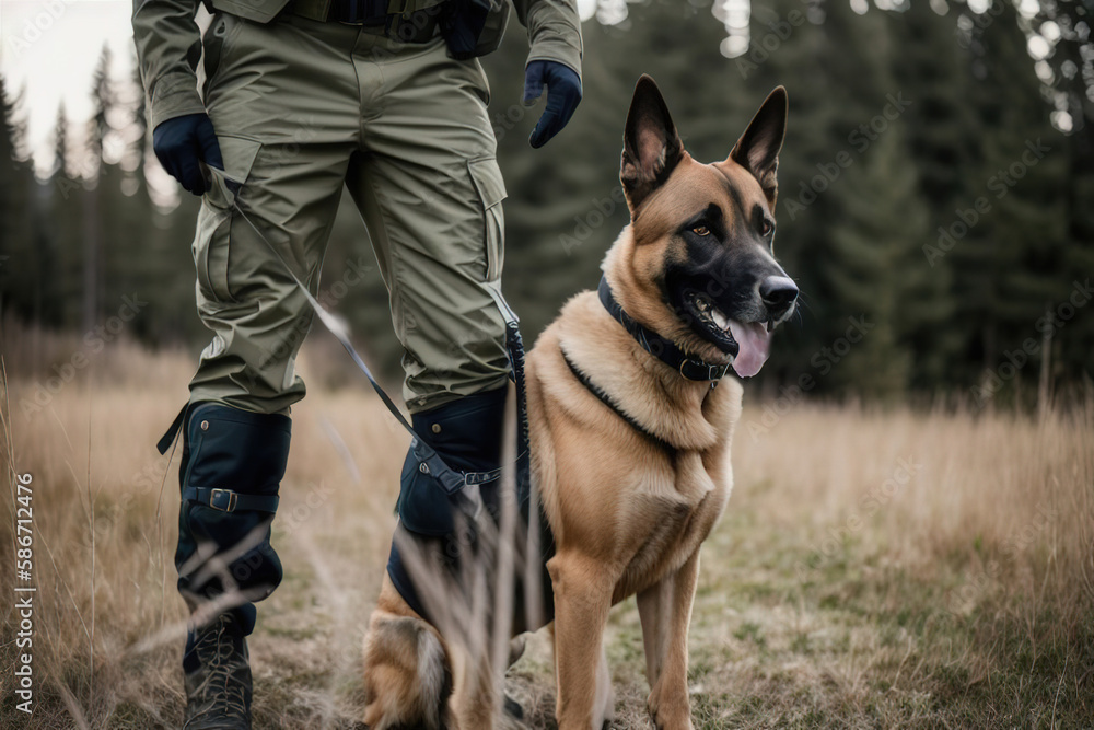 Belgian Shepherd Malinois guarding the border with a border guard. Generative AI. Belgian Shepherd Malinois guarding the border with a border guard. Generative AI.