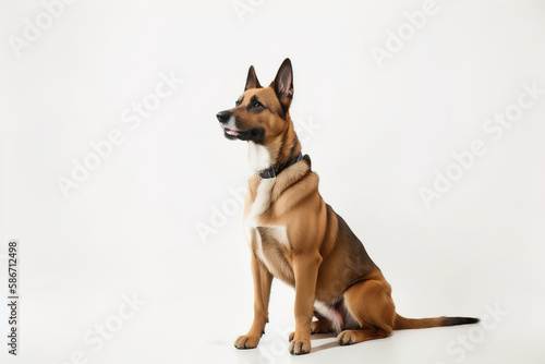 Belgian Shepherd Malinois guarding the border in front of a white background. Generative AI.