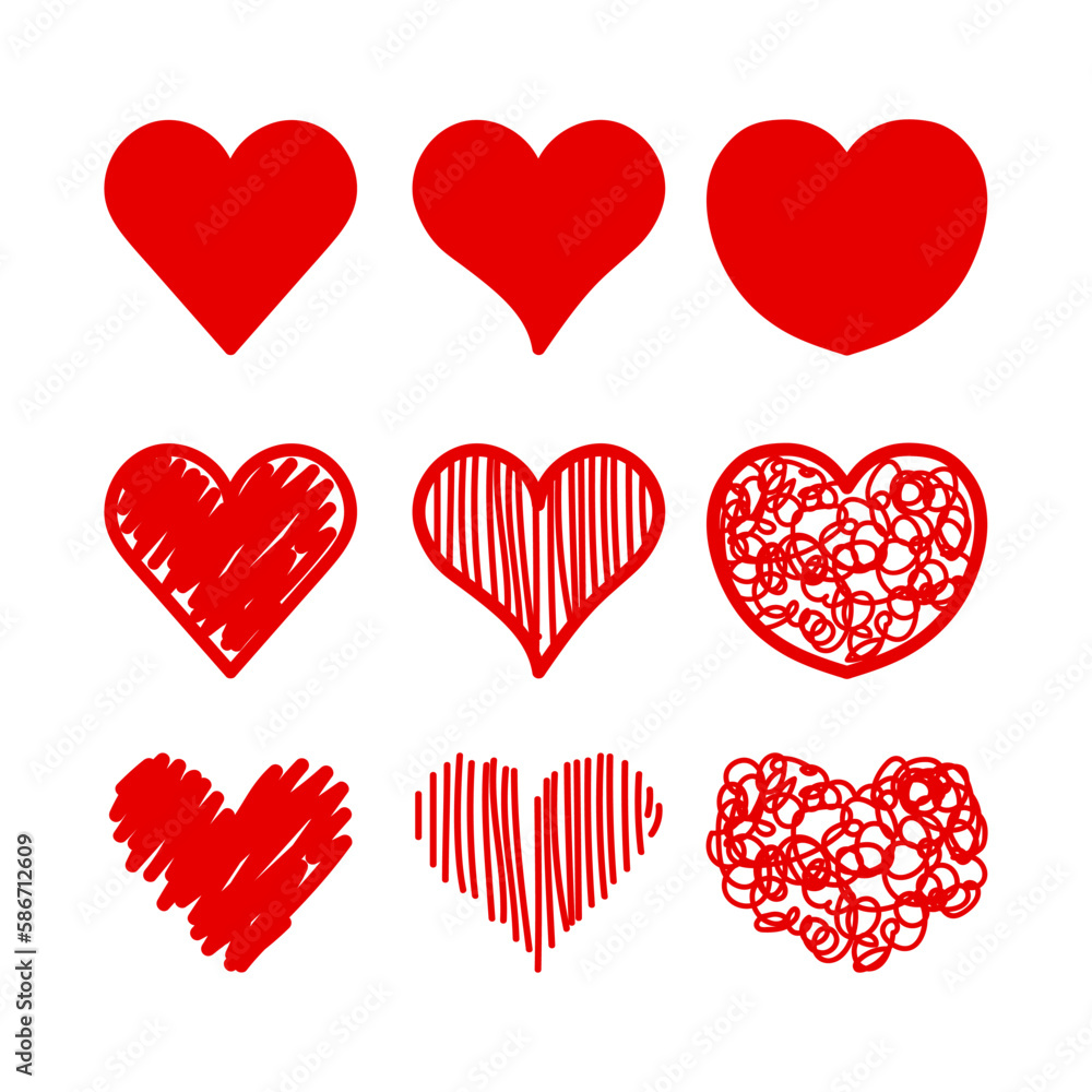 Hearts drawn by hand. Valentines for the holiday of St. Valentine. Collection of heart icons in sketch style. Vector illustration.