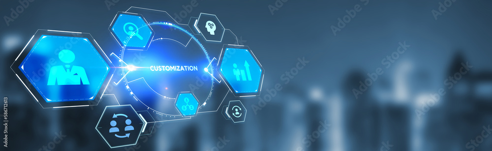 Business, technology, internet and network concept. Virtual screen of the future and sees the inscription: Customization. 3d illustration Business, technology, internet and network concept. Virtual screen of the future and sees the inscription: Customization. 3d illustration