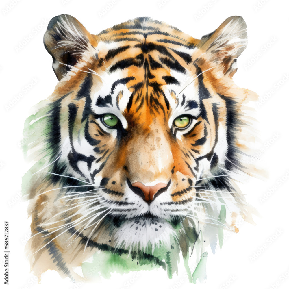 Fototapeta premium an isolated Bengal tiger portrait, face, stalking prey, fierce jungle-themed watercolor illustration on a transparent background in PNG. Generative AI
