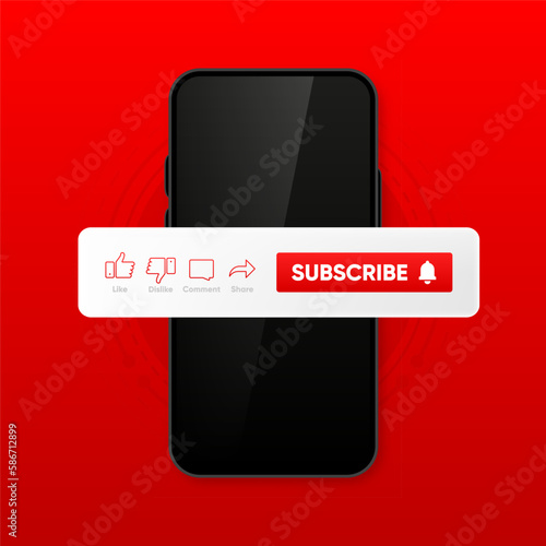 Clicking Subscribe Button, Like, Comment and Share. Icon Set of Channel Subscriptions on smartphone. Flat icons template. Marketing. Social media concept. Vector illustration.