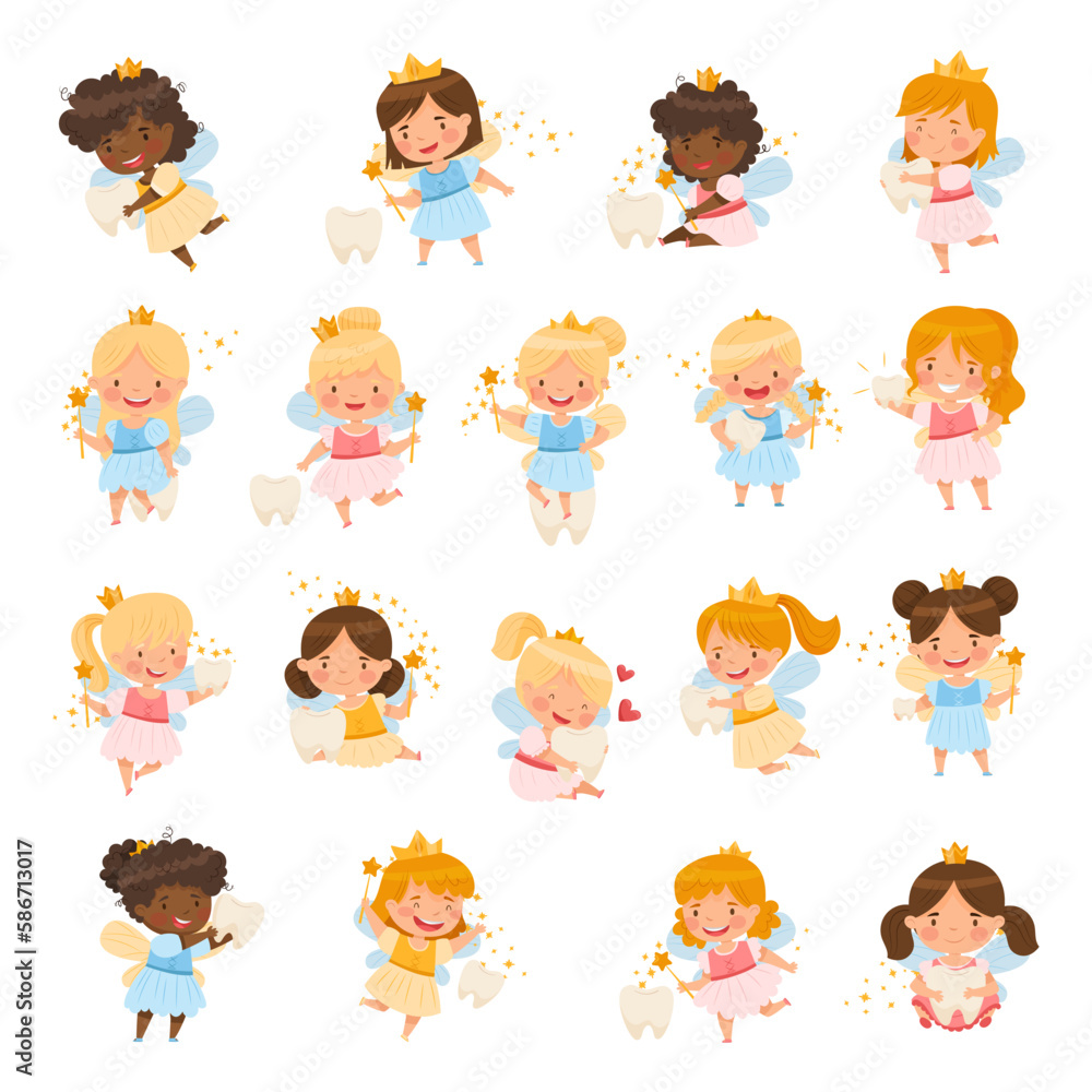 Cute Little Tooth Fairy with Baby Teeth and Wand Big Vector Set Cute Little Tooth Fairy with Baby Teeth and Wand Big Vector Set