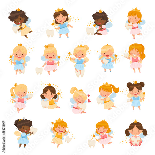 Cute Little Tooth Fairy with Baby Teeth and Wand Big Vector Set