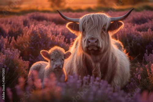 Bello atarecer en un campo de lavanda con una vaca de las tierras altas de Escocia y su ternero blanco.Ilustración de IA Generativa 