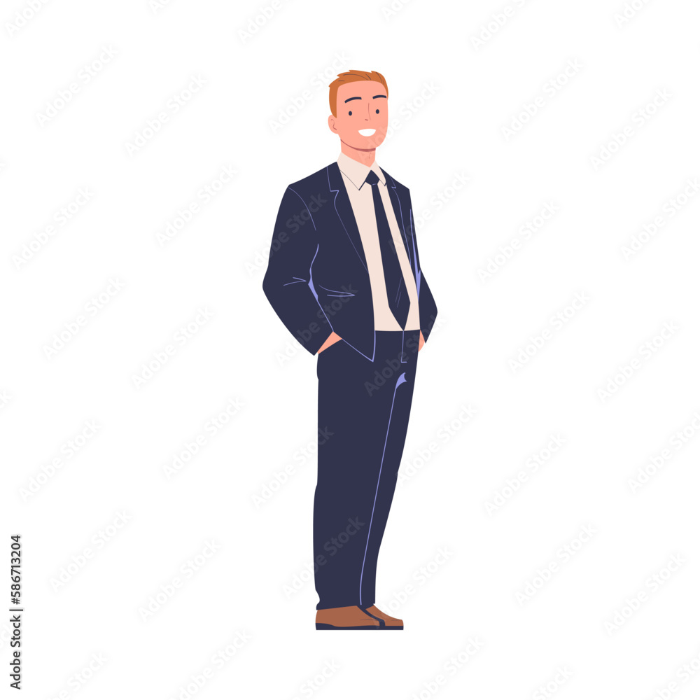Cheerful businessman dressed in business clothes standing with hands in his pockets cartoon vector illustration Cheerful businessman dressed in business clothes standing with hands in his pockets cartoon vector illustration
