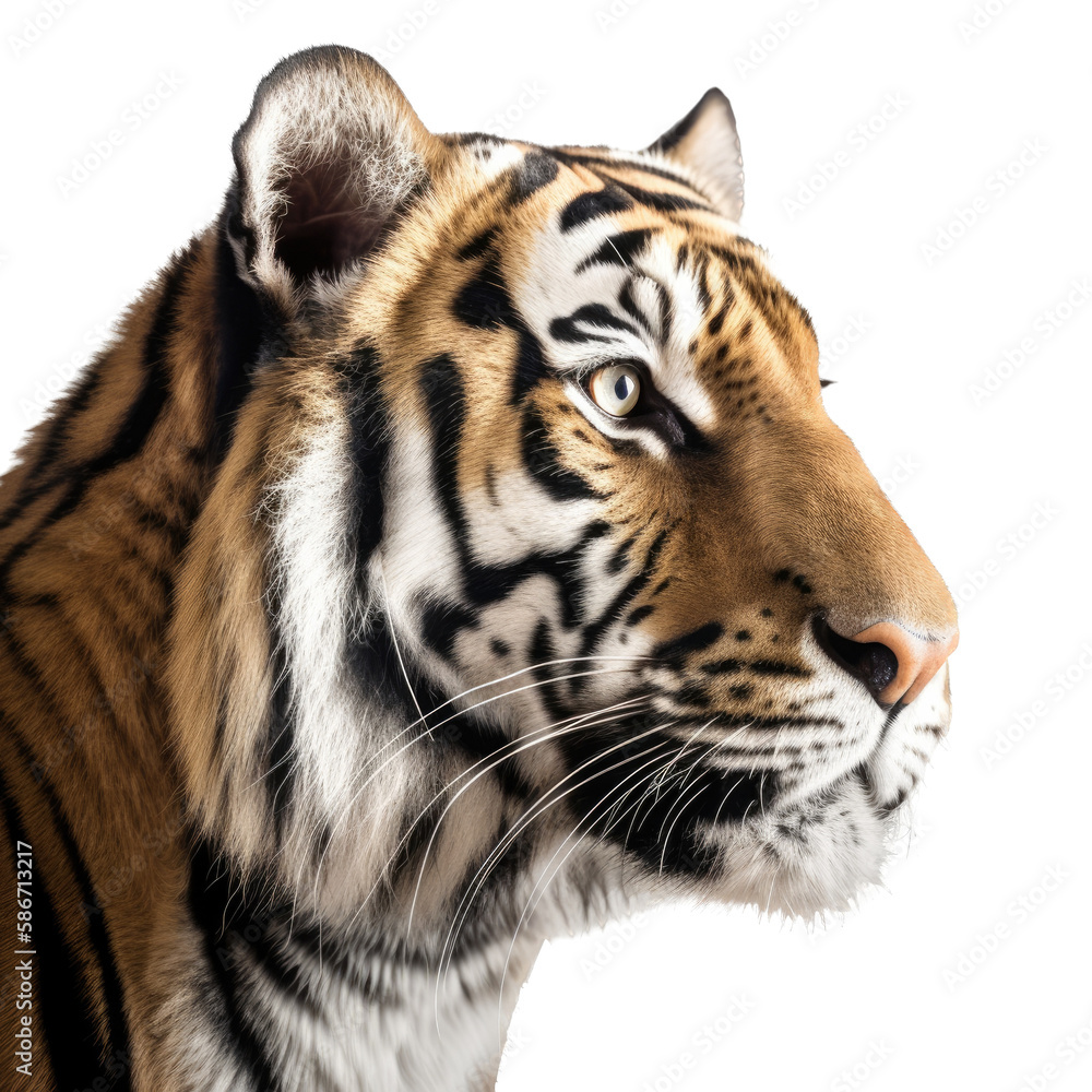 Obraz premium an isolated Bengal tiger side view portrait, majestic face, stalking prey, fierce jungle-themed photoreal illustration on a transparent background in PNG. Generative AI