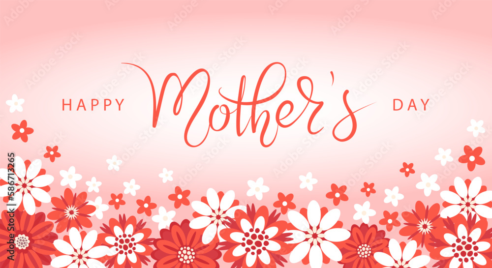 Happy Mother's Day banner with red and white flowers and elegant hand written lettering. Modern calligraphy on pink background. Vector design template for greeting card, poster, wallpaper. 