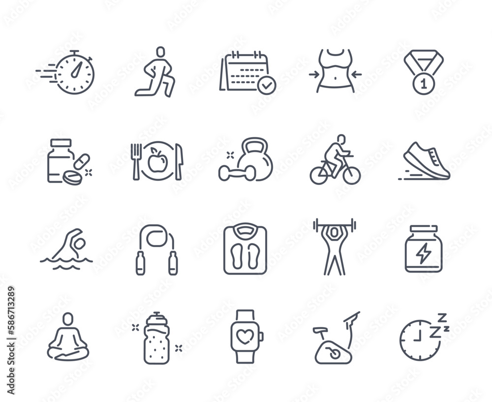 Fitness line icons set. Collection of graphic elements for website. Active lifestyle and health care. Dumbbells, medal and jump rope. Cartoon flat vector illustrations isolated on white background Fitness line icons set. Collection of graphic elements for website. Active lifestyle and health care. Dumbbells, medal and jump rope. Cartoon flat vector illustrations isolated on white background