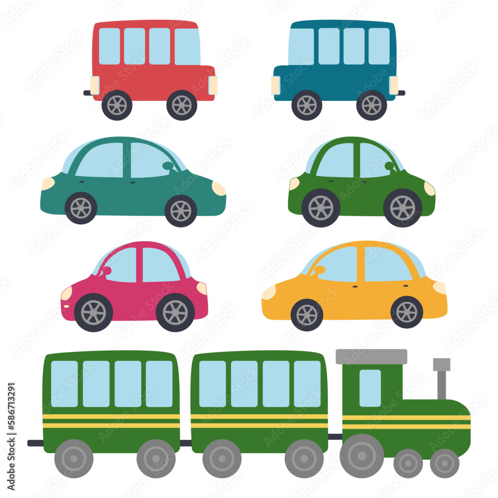 Cars, buses, train set. Children's design