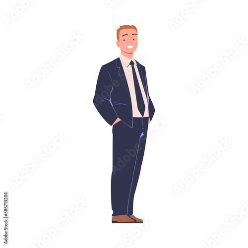 Cheerful businessman dressed in business clothes standing with hands in his pockets cartoon vector illustration