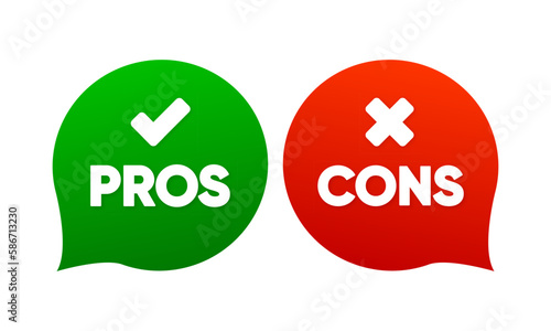 Pros cons in flat style. Green and Red flat icons. Concept for advantages disadvantages in business planning. Vector illustration.