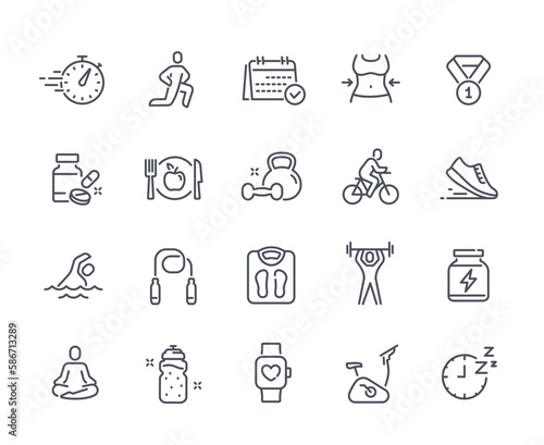 Fitness line icons set. Collection of graphic elements for website. Active lifestyle and health care. Dumbbells, medal and jump rope. Cartoon flat vector illustrations isolated on white background