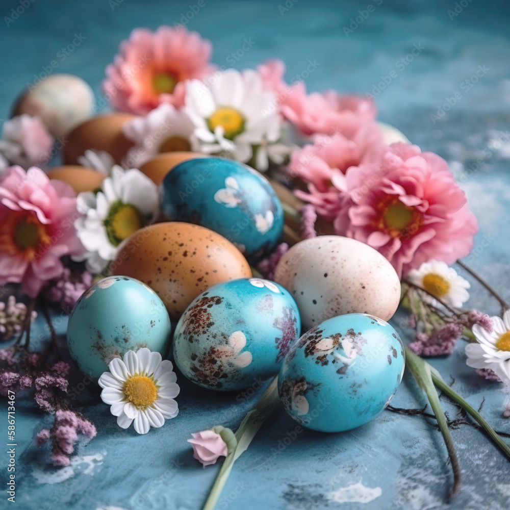 Easter eggs and springtime flowers over blue background. Spring holidays concept with copy space.