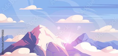 Panorama with mountains. Beautiful natural landscape, white snowy hills under blue sky with clouds. Rock range peak with ice. Mountain summit winter scene. Cartoon flat vector illustration