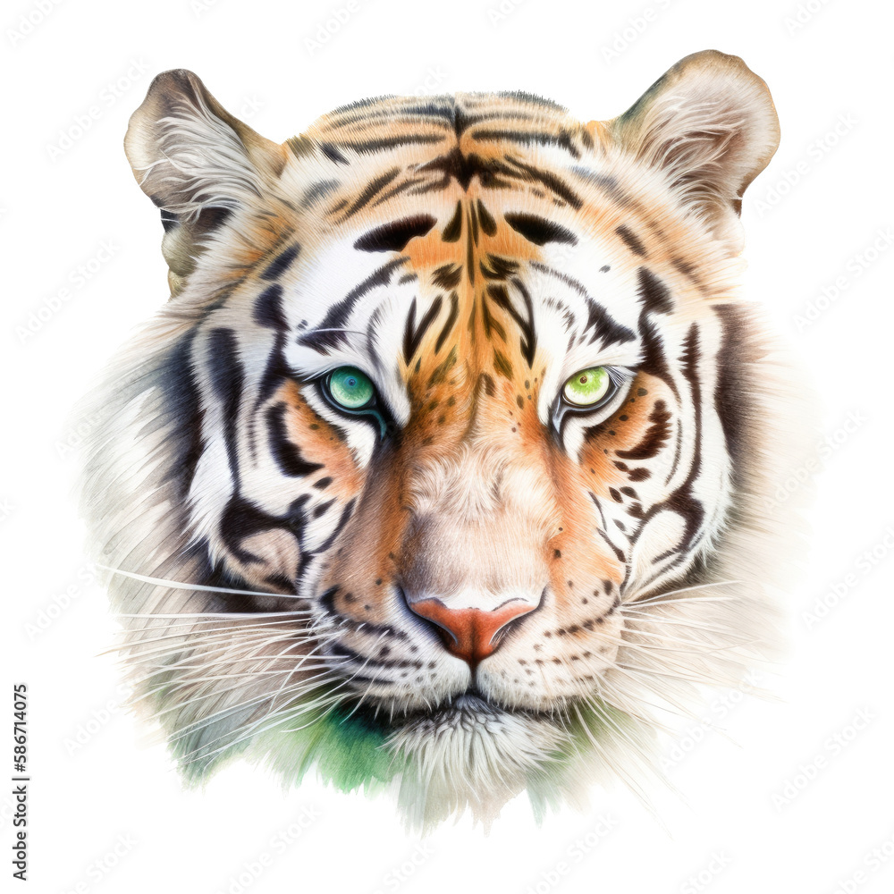 Fototapeta premium an isolated Bengal tiger face portrait, face, stalking prey, fierce jungle-themed watercolor painting illustration on a transparent background in PNG. Generative AI