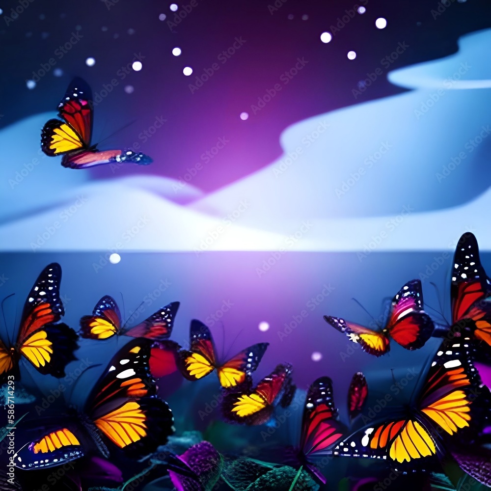 Naklejka premium Night glowing butterflies on dark abstract background