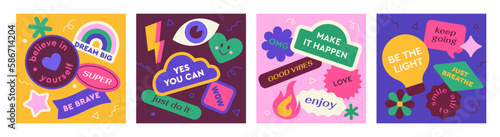 Posters with stickers set. Collection of speech bubbles. Cloud, lightning, eye and diamond with text. Light bulb, star and fire. Cartoon flat vector illustrations isolated on white background