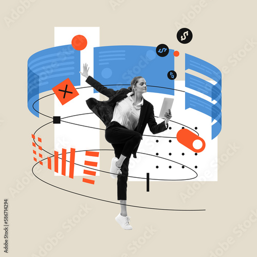 Motivated, ambitious, young female employee working on IT department, finishing tasks and deadlines. Conceptual design. Contemporary art collage. Concept of business, modern technologies photo