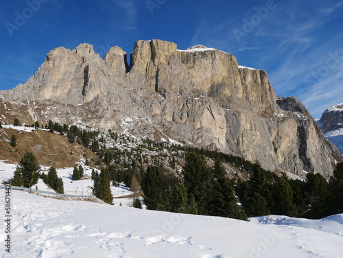 Sella Pass, Selva Val Gardena, Bozen, Trentino Alto Adige, Italy: panoramic view of snow covered Piz Boè, Sella Mountain Pass, Dolomites