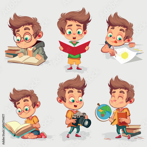 Happy kids and book. Children reading a book Back to School Concept . Vector illustration