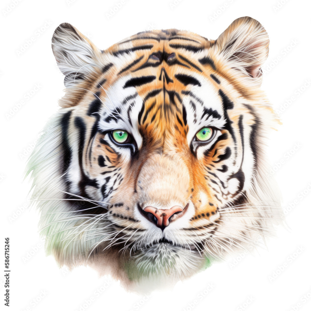 an isolated Bengal tiger face portrait, face, stalking prey, fierce jungle-themed watercolor painting illustration on a transparent background in PNG. Generative AI an isolated Bengal tiger face portrait, face, stalking prey, fierce jungle-themed watercolor painting illustration on a transparent background in PNG. Generative AI