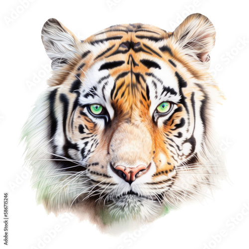 an isolated Bengal tiger face portrait  face  stalking prey  fierce jungle-themed watercolor painting illustration on a transparent background in PNG. Generative AI