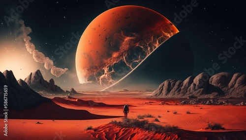 Human being on Mars in background planets image Generative AI
