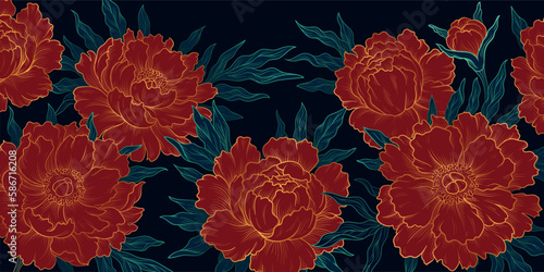 Linear red peonies. Aesthetics, luxury and elegance organic background. Beautiful flowers, green leaves and blooming plants. Poster or banner for website. Cartoon flat vector illustration