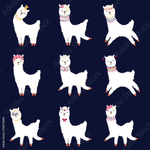 Llama set of cute animals. White alpaca with different muzzles