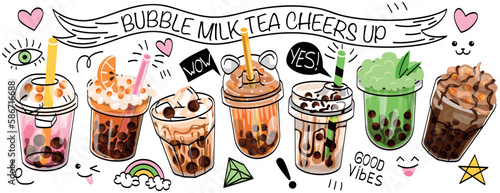 Bubble milk tea set. Collection of drinks in plastic cups with straw. Beverage and tasty cocktails. Promotions of yummy coffee. Cartoon flat vector illustrations isolated on white background