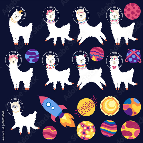 Llama in a rocket, in space set of animals characters. Lama travels, adventures among the stars.