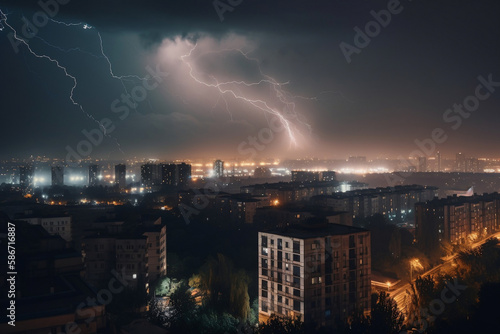 Lightning over the night city. AI Generated