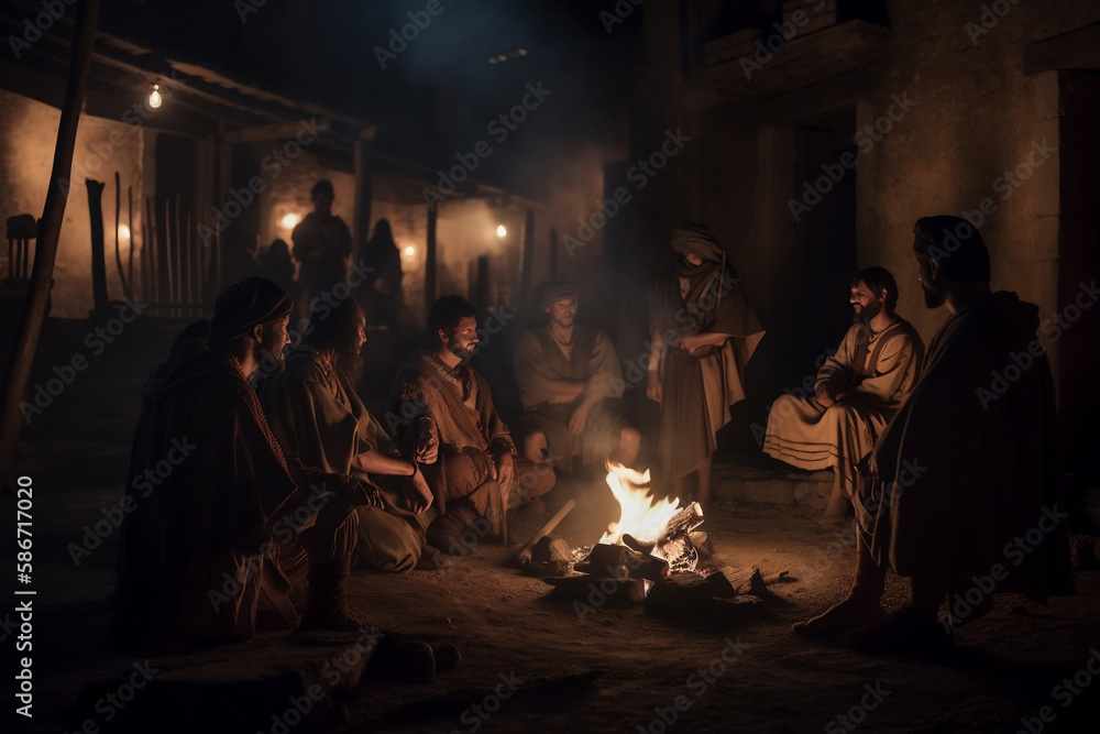 People sitting the fire night Roman Empire. AI Generated