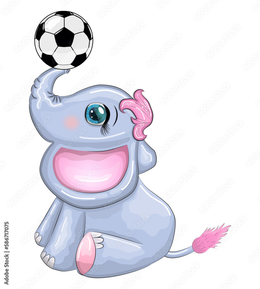 Fototapeta premium Cute cartoon elephant, children's character with beautiful eyes with a soccer ball, games for children and adults