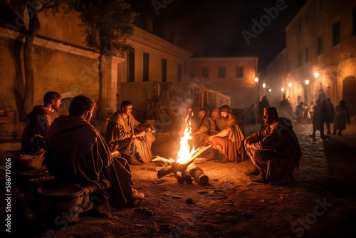 People sitting the fire night Roman Empire. AI Generated