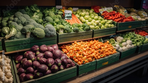 Organic vegetables on shelf in fresh market Generative AI
