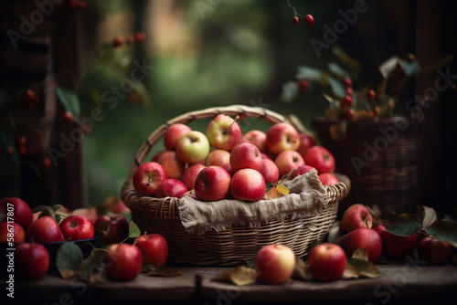 Harvest red apples in a basket. AI Generated