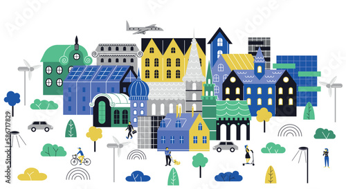 Smart city concept. Urban architecture and infrastructure. Landscape with Multicolored buildings next to highway for cars. Cityscape with airplanes and people walking. Cartoon flat vector illustration