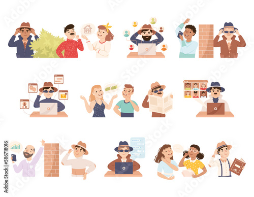 Espionage with Man Private Detective Eavesdropping Gathering Confidential Information Vector Set photo