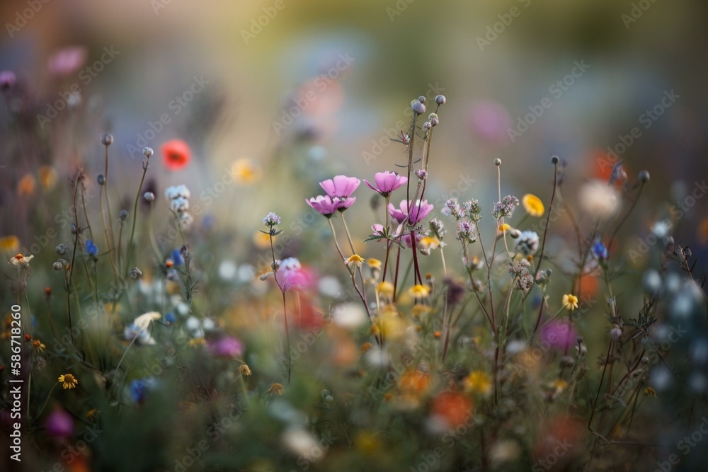 A field of colorful wildflowers, bokeh Generative AI
