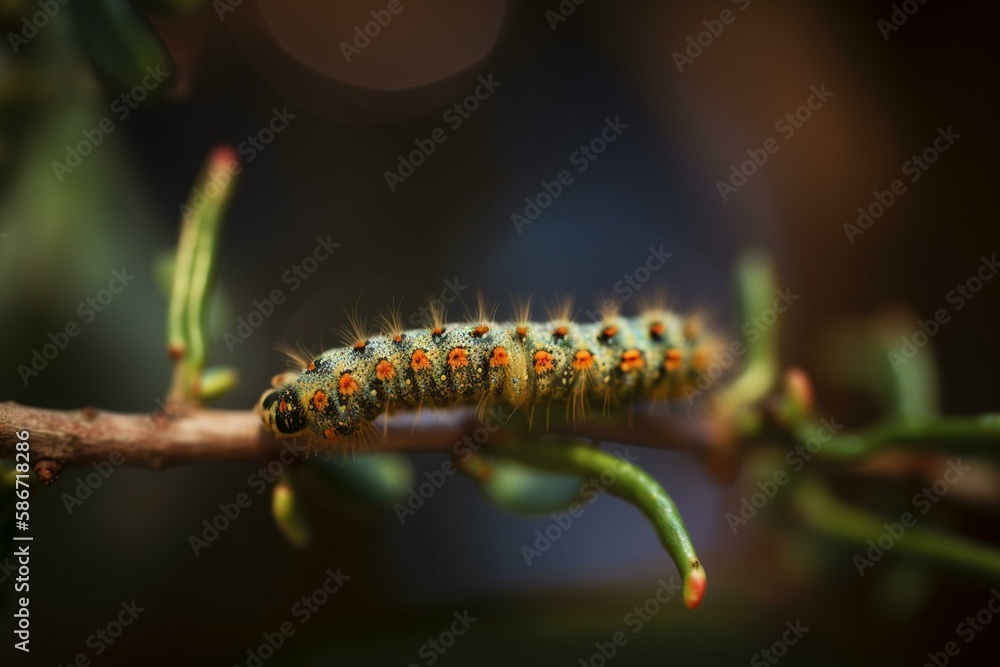 Naklejka premium A caterpillar on a branch, bokeh Generative AI